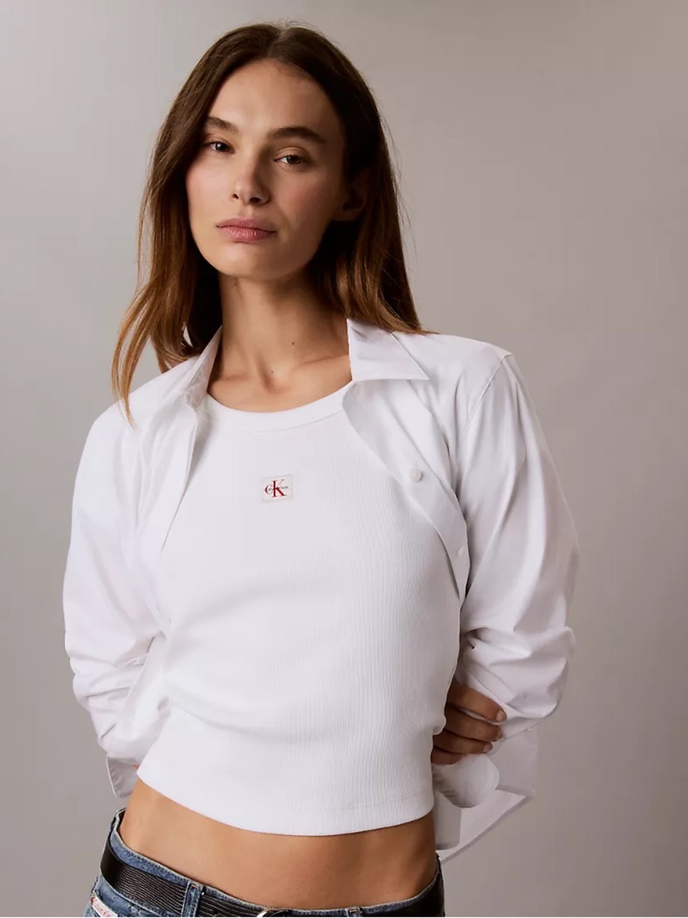 Calvin Klein White Ribbed Woven Monologo Slim T-shirt